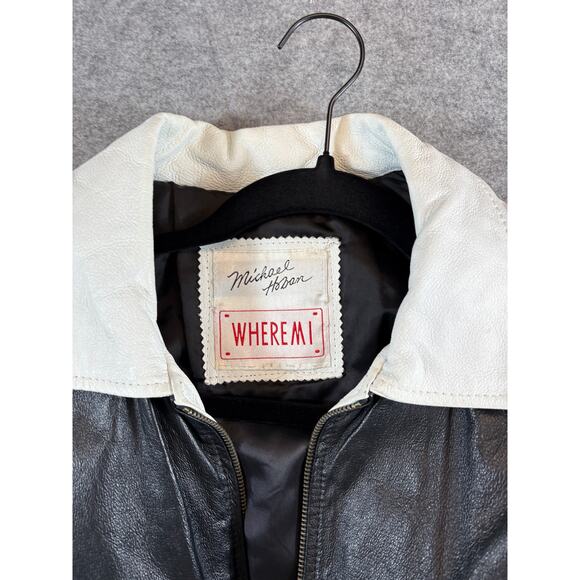 VINTAGE Michael Hoban Where Mi Leather Bomber Jacket Mens Large Black USA Flag - Picture 6 of 6